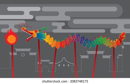 Espectáculo tradicional chino de baile de dragones. Vector. Con un fondo de elementos simplificados.