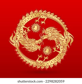 Traditional chinese Dragon gold zodiac sign yin yang isolated on red background for card design print media or festival. China lunar calendar animal happy new year. Vector Illustration.