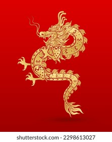 Traditional Chinese Dragon gold zodiac sign isolated on red background for card design print media or festival. China lunar calendar animal happy new year. Vector Illustration.
