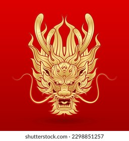 Traditional Chinese Dragon gold zodiac sign isolated on red background for card design print media or festival. China lunar calendar animal happy new year. Vector Illustration.