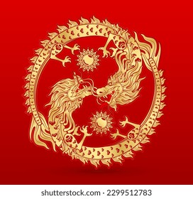 Traditional Chinese Dragon gold zodiac sign yin yang isolated on red background for card design print media or festival. China lunar calendar animal happy new year. Vector Illustration.