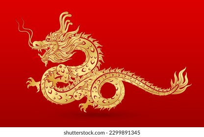 Traditional Chinese Dragon gold zodiac sign isolated on red background for card design print media or festival. China lunar calendar animal happy new year. Vector Illustration.