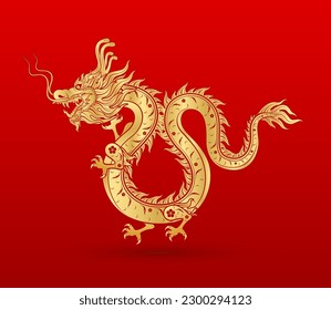 Traditional chinese Dragon gold zodiac sign isolated on red background for card design print media or festival. China lunar calendar animal happy new year. Vector Illustration.