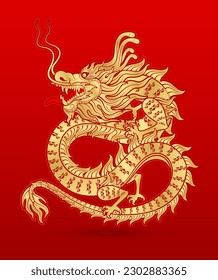 Traditional Chinese Dragon gold zodiac sign isolated on red background for card design print media or festival. China lunar calendar animal happy new year. Vector Illustration.