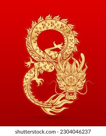 Traditional Chinese dragon gold zodiac sign number 8 infinity isolated on red background for card design print media or festival. China lunar calendar animal happy new year. Vector Illustration.