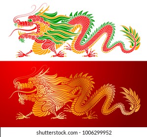 Traditional Chinese Dragon. Golden and colored, isolated on white background. Vector illustration.