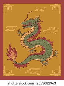 Ilustração tradicional chinesa do dragão com bordas ornamentadas e motivos de nuvem