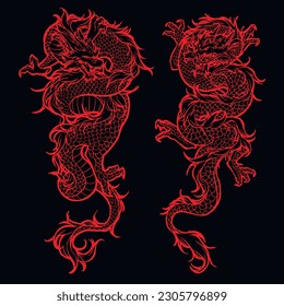 Ilustración tradicional del dragón chino. El dragón rojo en un fondo negro. Tatuaje también. Impresión de camisetas.