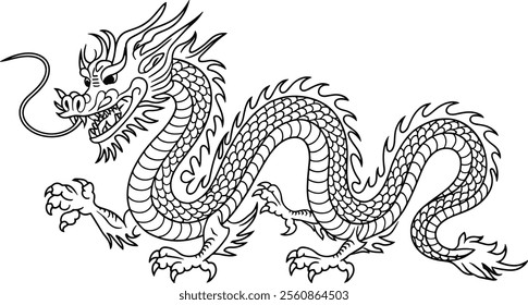 Traditional Chinese Dragon Line Art - Majestic and Mythical Creature Illustration