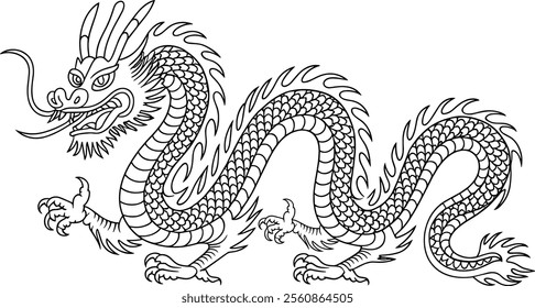 Traditional Chinese Dragon Line Art - Majestic and Mythical Creature Illustration