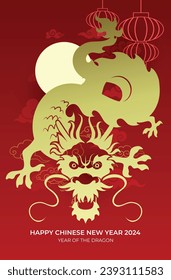 Traditional chinese dragon new year 2024 gold and red. Asian dragon front face flying on full moon background. Paper cutting style dragon.