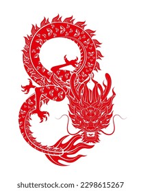 Traditional Chinese Dragon red zodiac sign number 8 infinity isolated on white background. China lunar calendar animal happy new year. For card design print media or festival.  Vector Illustration.