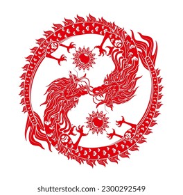 Traditional Chinese Dragon red zodiac sign yin yang infinity isolated on white background for card design print media or festival. China lunar calendar animal happy new year. Vector Illustration.