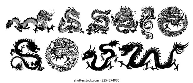 Dragón chino tradicional. Conjunto de caracteres chinos traducen dragón, ilustración vectorial. La mano hecha. Dibujo hecho con trazos de pincel. Diseño de tatuajes. Año Nuevo 2024 año del dragón zodiaco.