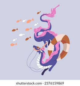 Traditional chinese dragon swims underwater wearing mask and inflatable circle with fish. Symbol of lunar 2024 New Year at depths of sea. Design calendar for summer holidays. Vector illustration