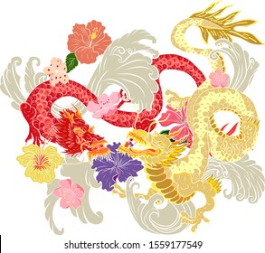 Traditional Chinese dragon for tattoo or painting on wallpaper background.Hand drawn Japanese tattoo design with flower and wave for printing on jacket or T-shirt style Asian.