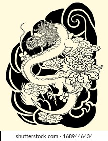 Traditional Chinese dragon for tattoo or painting on wallpaper background.Hand drawn Japanese tattoo design with flower and wave for printing on jacket or T-shirt style Asian.