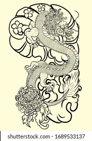 Traditional Chinese dragon for tattoo or painting on wallpaper background.Hand drawn Japanese tattoo design with flower and wave for printing on jacket or T-shirt style Asian.