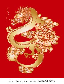 Traditional Chinese dragon for tattoo or painting on wallpaper background.Hand drawn Japanese tattoo design with flower and wave for printing on jacket or T-shirt style Asian.