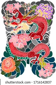 Traditional Chinese dragon for tattoo or painting on wallpaper background.Hand drawn Japanese tattoo design with flower and wave for printing on jacket or T-shirt style.