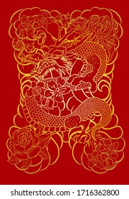 Traditional Chinese dragon for tattoo or painting on wallpaper background.Hand drawn Japanese tattoo design with flower and wave for printing on jacket or T-shirt style Asian.