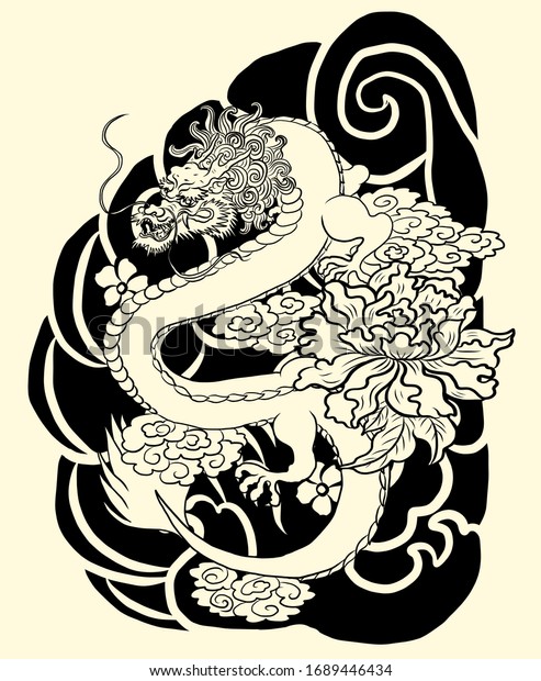 壁紙の背景に刺青や絵を描く伝統的な中国のドラゴン ジャケットやtシャツのアジア系に印刷するため 手描きの日本の刺青と花と波のデザイン のベクター画像素材 ロイヤリティフリー