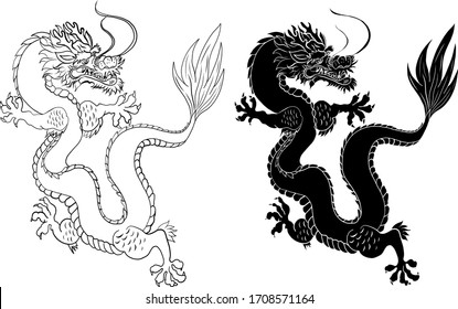 Traditional chinese dragon for tattoo or stickers design.Japanese dragon for doodle and coloring book on background.Dragon vector illustration for printing on shirt.