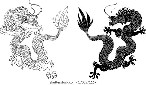 Traditional chinese dragon for tattoo or stickers design.Japanese dragon for doodle and coloring book on background.Dragon vector illustration for printing on shirt.