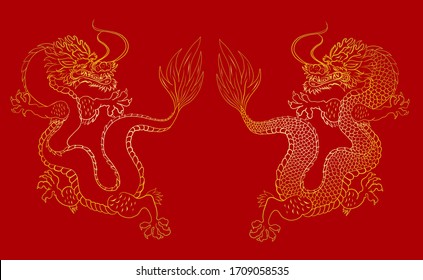 Traditional chinese dragon for tattoo or stickers design.Japanese dragon for doodle and coloring book on background.Dragon vector illustration for printing on shirt.Gold line vector.