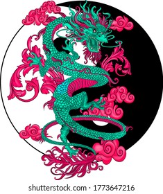 traditional Chinese dragon and Yin Yang green and pink symbol vector illustration