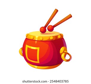 Tambor chino tradicional con detalles decorativos de oro y dos baquetas. Instrumento de percusión musical de Vector de dibujos animados aislado utilizado en festivales o actuaciones culturales durante las vacaciones del año Nuevo lunar