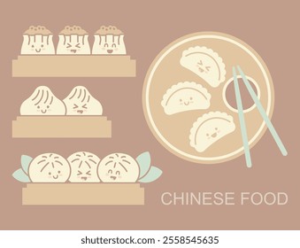 Traditional Chinese dumplings in baskets. Dim sum, baozi, siu mai. Flat design in a kawaii style