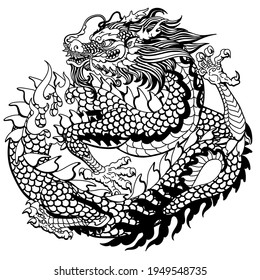 Traditional Chinese or East Asian dragon. Black and white vector illustration