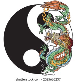 Traditional Chinese or East Asian dragon and yin yang symbol of harmony and balance. Feng Shui theme. Tattoo. Graphic style vector illustration  