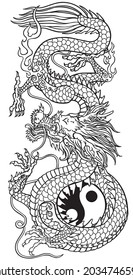 Traditional Chinese or East Asian dragon and yin yang symbol of harmony and balance. Feng Shui theme. Black and white tattoo. Graphic style vector illustration  