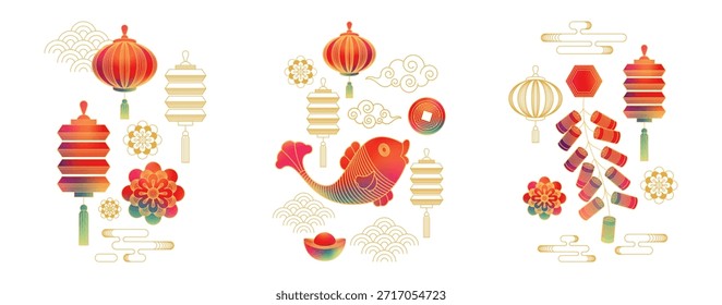 Elementos chinos tradicionales en estilo de línea. Vector conjunto aislado de linternas y fuegos artificiales, nubes flotantes y flores en flor, peces y dinero. Motivos orientales y Elementos de diseño decorativos