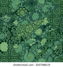 Traditional Chinese fabric patchwork wallpaper green abstract floral vector seamless pattern 