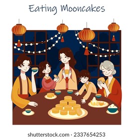 Traditional chinese fest set. Mid-Autumn festival, moon festival or mooncake festival. Happy asian family celebrate national autumn holiday. Flat vector illustration