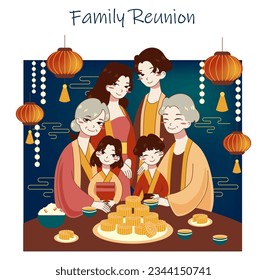Traditional chinese fest set. Mid-Autumn festival, moon festival or mooncake festival. Happy asian family celebrate national autumn holiday. Flat vector illustration