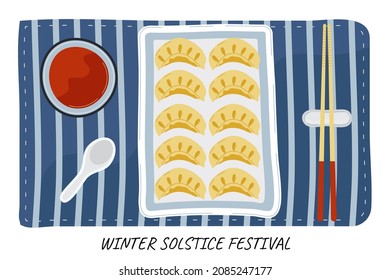 Dongzhì traditionelle chinesische Festival Banner Vektor. Winterfeierfest. Süße Suppe mit Tangyuan-Reisknödel und Reisbälle.