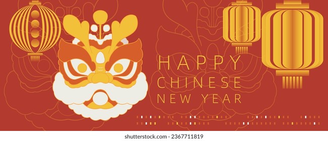 Traditional Chinese festivals, New Year element background posters, Spring Festival plum blossom background, lantern illustrations, New Year lion dance banners, traditional Chinese zodiac dragon red e