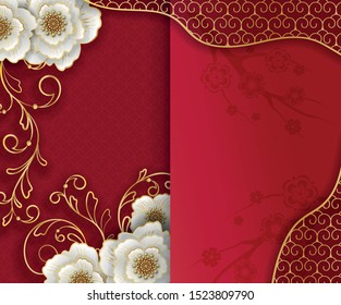 Traditional Chinese festive vertical  red banner  flowers and ornament. Traditional art and style. Calendar design template, invitation and holiday decoration.  Vector illustration