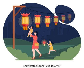 Traditional chinese festivities. Happy characters family celebrate national asian festival. Lantern festival, 15 January. Flat vector illustration