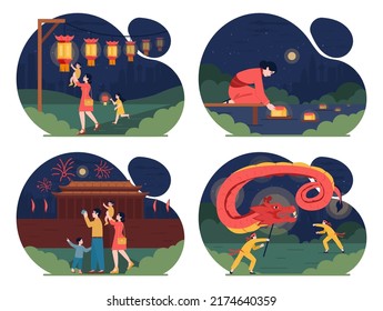 Traditional chinese festivities set. Happy characters family celebrate national asian festival. Lantern and longtaitou festival, ghost day and National Day. Flat vector illustration