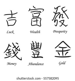 Traditional Chinese Finance Hieroglyphs Symbolizing Wealth, Abundance and Prosperity. Made in Classical Calligraphy Style. Vector EPS 10