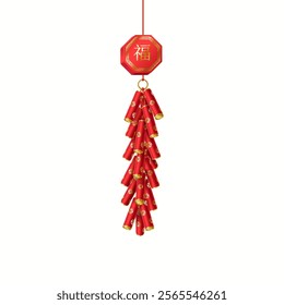 Traditional Chinese firecrackers with lucky pendant realistic vector illustration. Oriental explosive baozhu for fun holiday 3d object on white. inscription on the badge is “Luck”