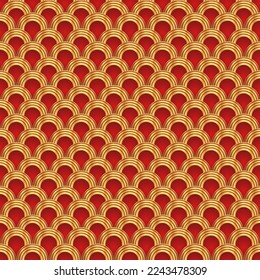 Traditional chinese fish scale seamless pattern. Red golden asian sea wave luxury ornament. Oriental, japanese background. Eastern vector motif. Template for cards, banner, poster and calendar.