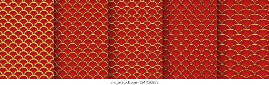 Traditional chinese fish scale seamless pattern. Red golden asian sea wave luxury ornament. Oriental, japanese background. Eastern vector motif. Template for cards, banner, poster and calendar.