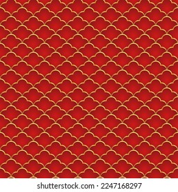 Traditional chinese fish scale seamless pattern. Red golden asian sea wave luxury ornament. Oriental, japanese background. Eastern vector motif. Template for cards, banner, poster and calendar.