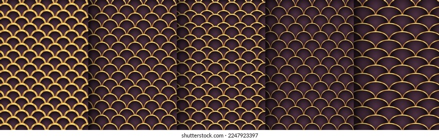 Traditional chinese fish scale seamless pattern. Black golden asian sea wave luxury ornament. Oriental, japanese background. Eastern vector motif. Template for cards, banner, poster and calendar.